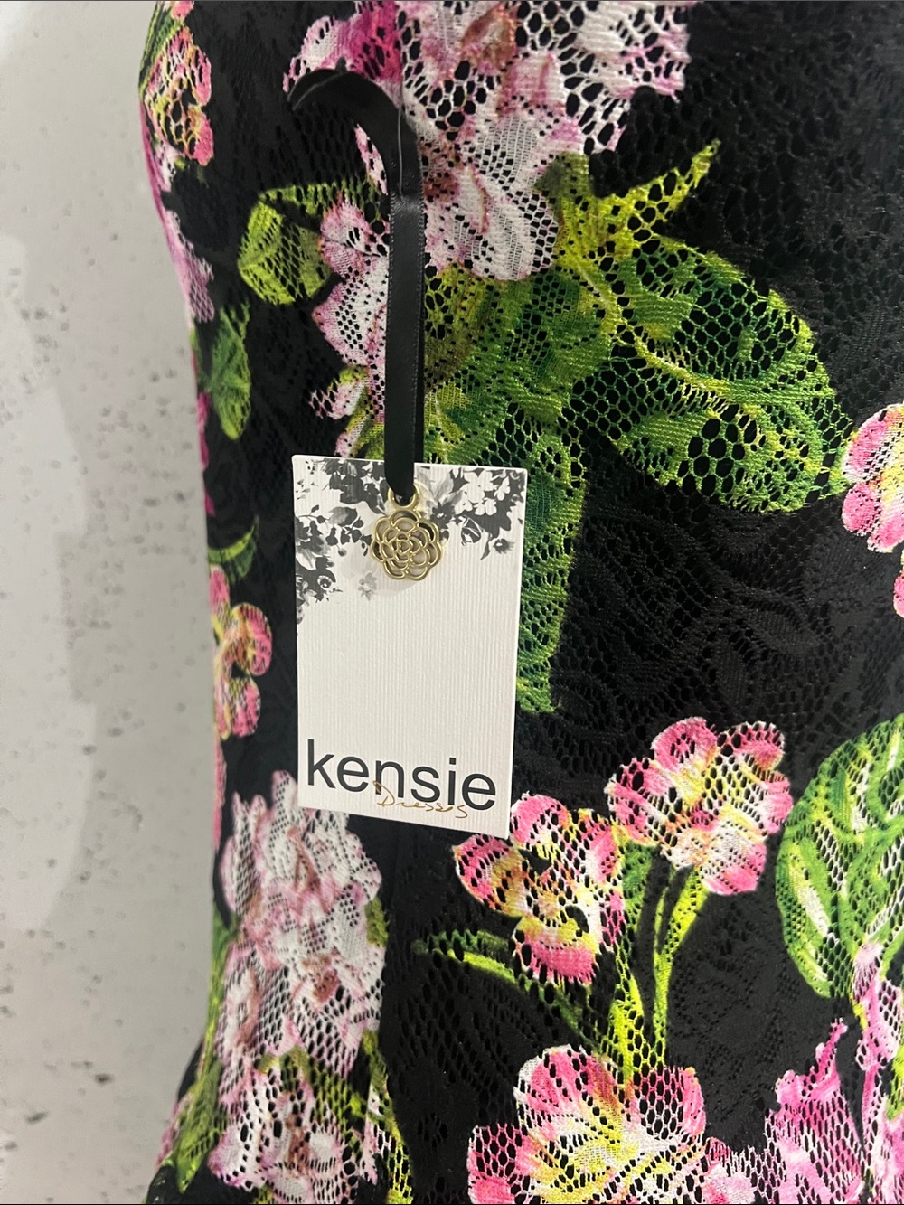 Kensie Black Lace Dress with Pink Floral & Green Leaf Print - Picture 6 of 7